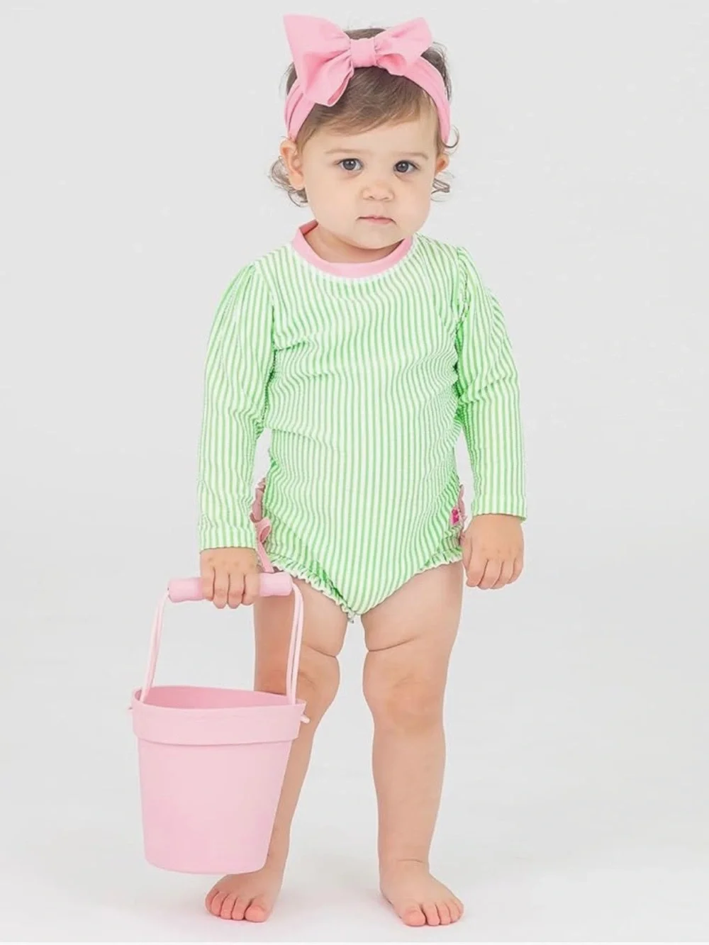 Ruffle Butts Green & Pink Striped Long-Sleeve Swim One-Piece